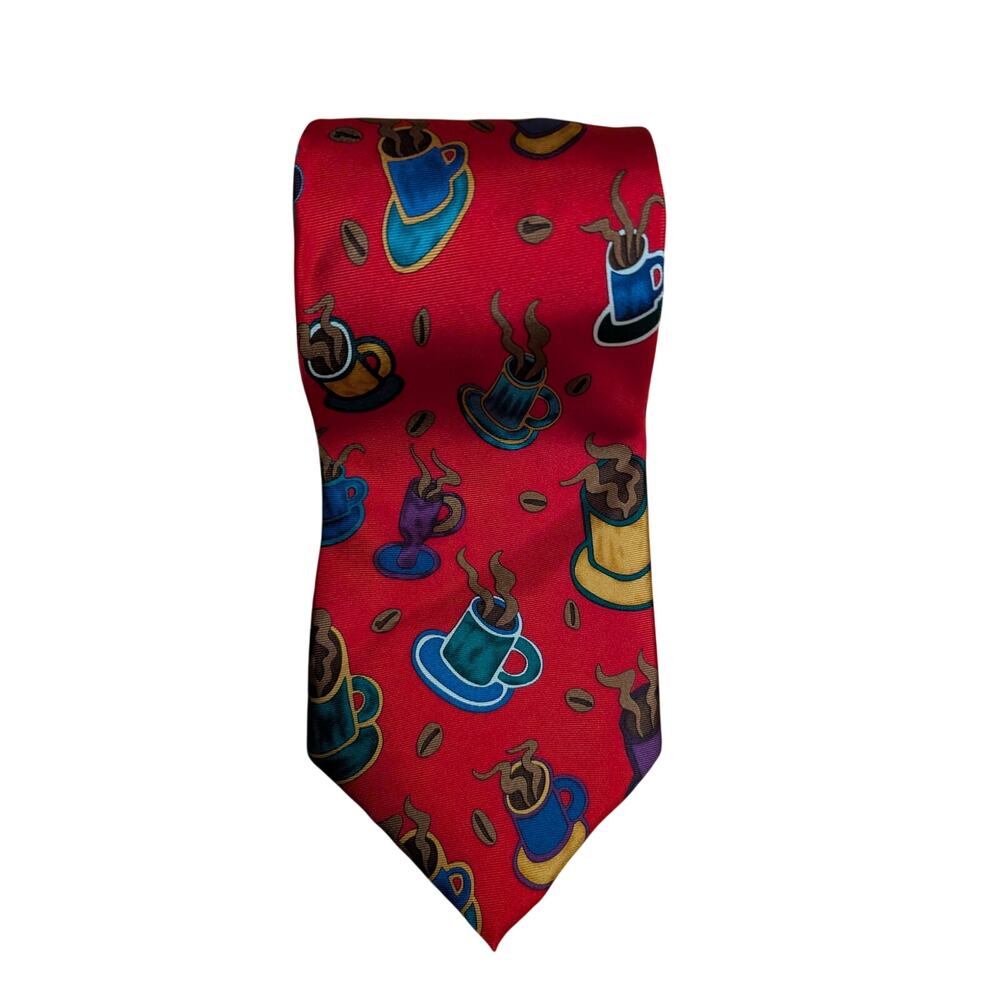Mens Red Silk Tie Coffee Cups Office Career Wear Save Our Children Multicolored